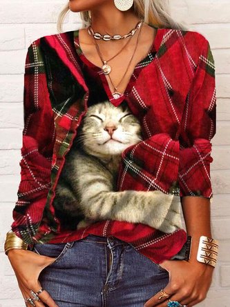 Lässig Weihnachten Kariert Katze Langarm V-Ausschnitt T-Shirt