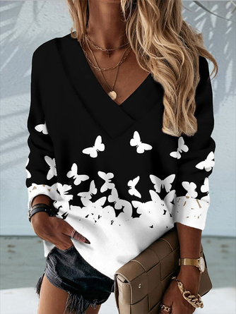 Lässig V-Ausschnitt Schmetterling Jersey Sweatshirt