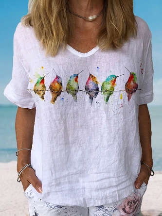 Lässige V-Ausschnitt Bluse Freizeitbluse mit Vögelprint