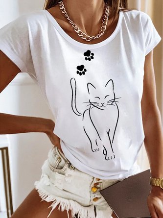 Lässig Jersey Katze Rundhals T-Shirt