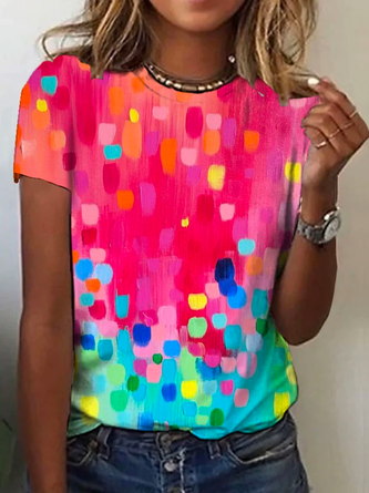 Rundhals Lässig Farbverlauf Weit Regenbogen Punkt Kurzarm T-Shirt