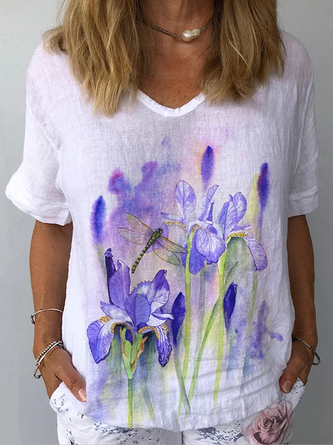 Damen Aquarell Iris und Libelle Print Baumwolle Leinen Bluse