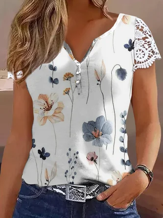 Lässige V-Ausschnitt Bluse mit Blumenprint Freizeitbluse