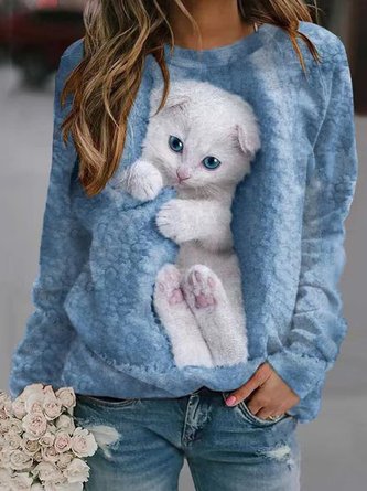 Katze Rundhals Weit Lässig Sweatshirt