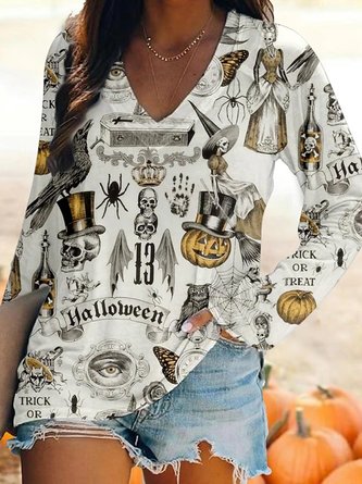 Halloween V-Ausschnitt Weit Lässig T-Shirt