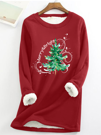 Baumwollmischung Lässig Weihnachtsbaum Rundhals Vlies Sweatshirt