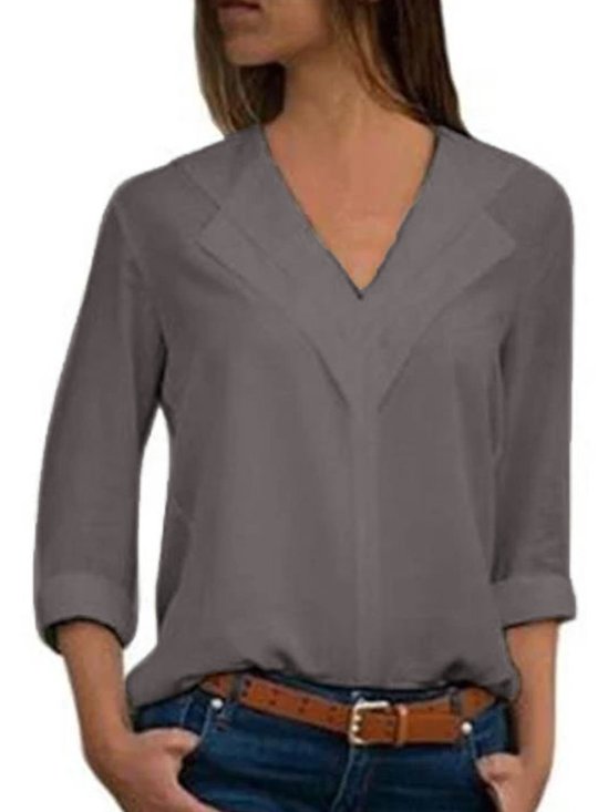 Unifarben Basic V-Ausschnitt-Bluse mit Langarm Große Größen Herbst