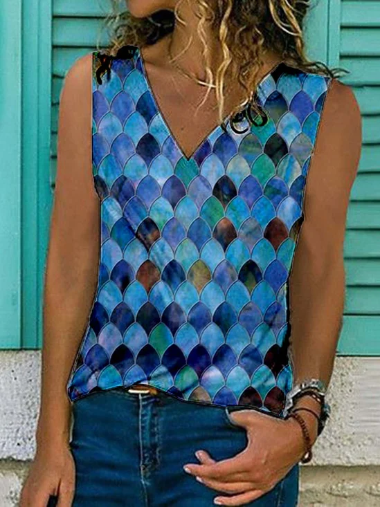 Paisley Ärmellos Print Baumwollgemisch V-Ausschnitt Urlaub Sommer Blau Bluse