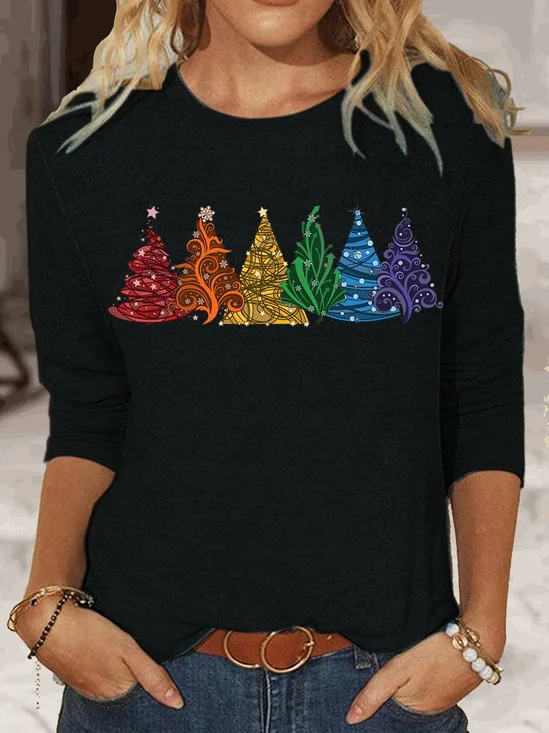 Damen Regenbogen Weihnachten Bäume Klassisch Langarm Oberteile
