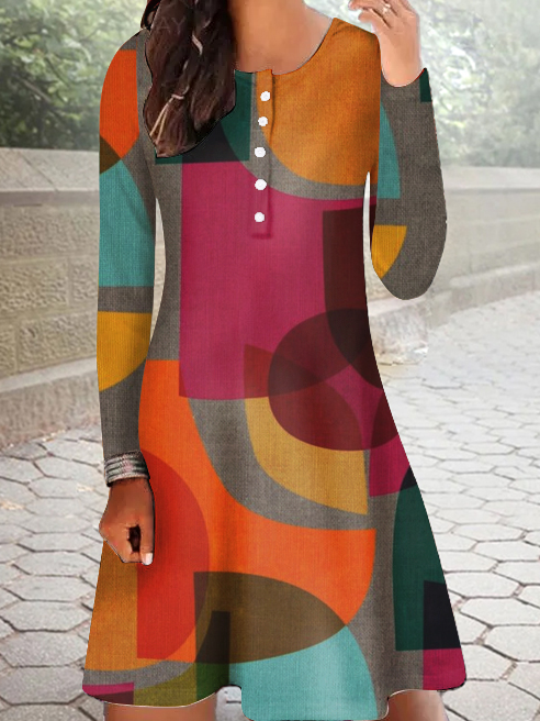 Damen Knöpfe Rundhals Regelmäßige Passform Lässig Farbblock Kleid