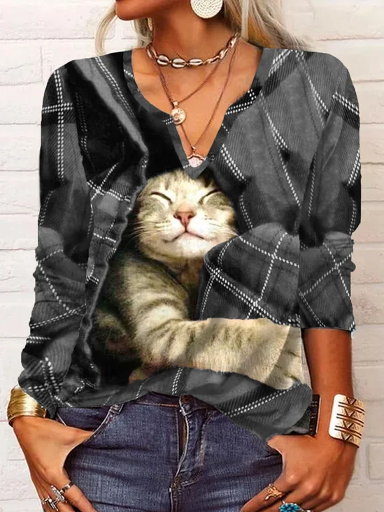 Lässig Weihnachten Kariert Katze Langarm V-Ausschnitt T-Shirt