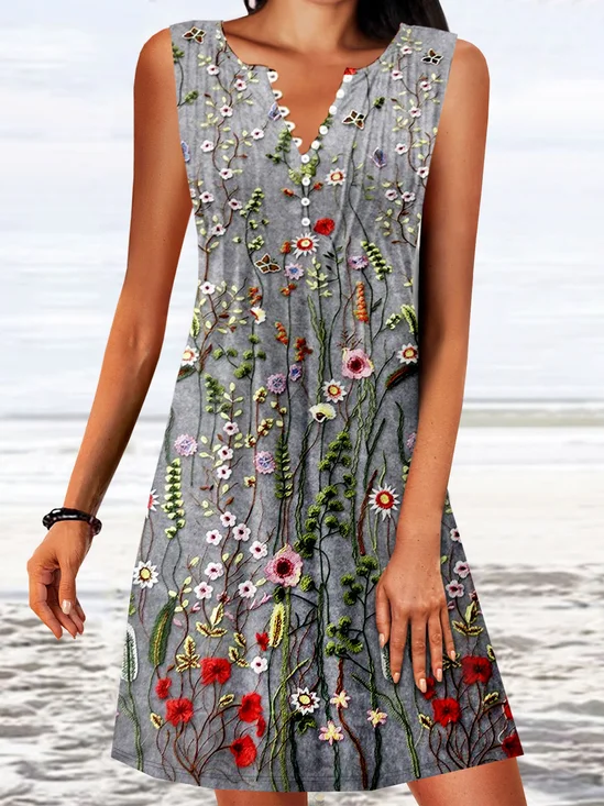 Gekerbt Lässig Blumenmuster Schnalle Kleid
