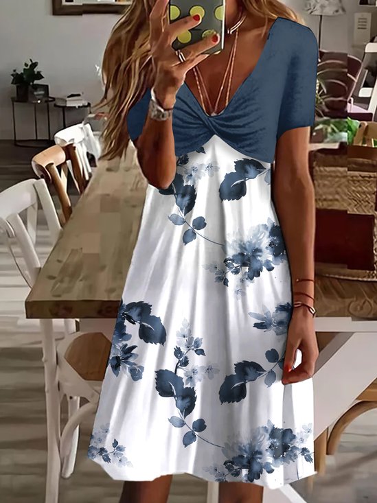 V-Ausschnitt Kleid Lässiges Minikleid mit Blumenprint 