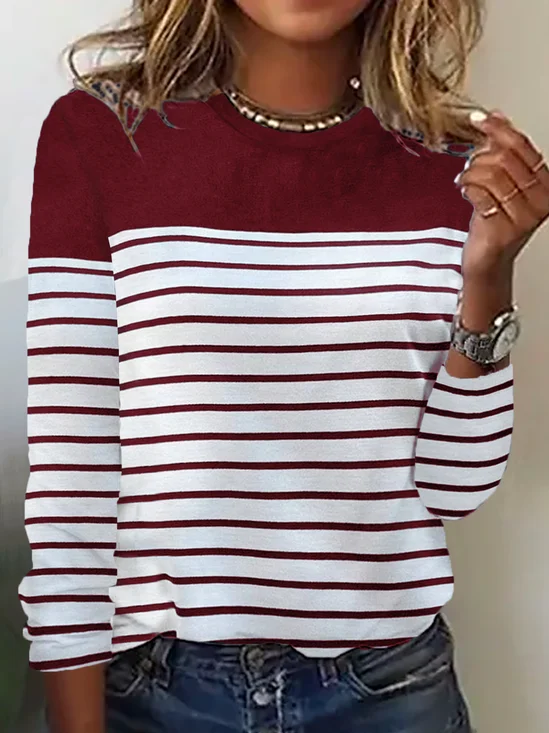Rundhals Gestreift Lässig T-Shirt Basic Langarmshirt