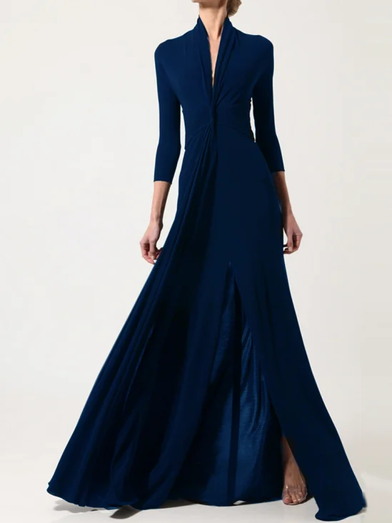 Weit Unifarben V-Ausschnitt Elegant Kleid
