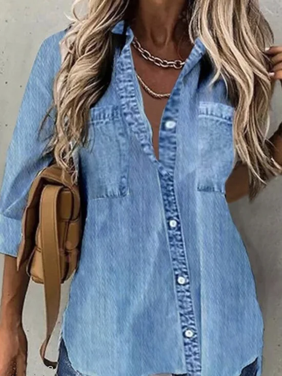 Abstrakt Denim Hemdkragen Lässig Bluse