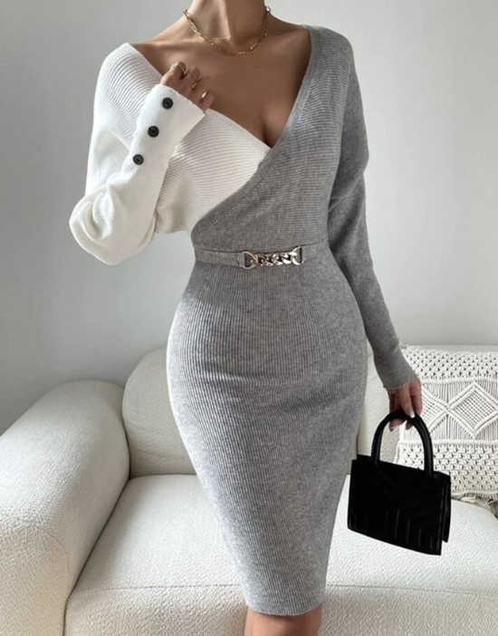 Farbblock Regelmäßige Passform Freizeitkleid Mit Nein Gürtel
