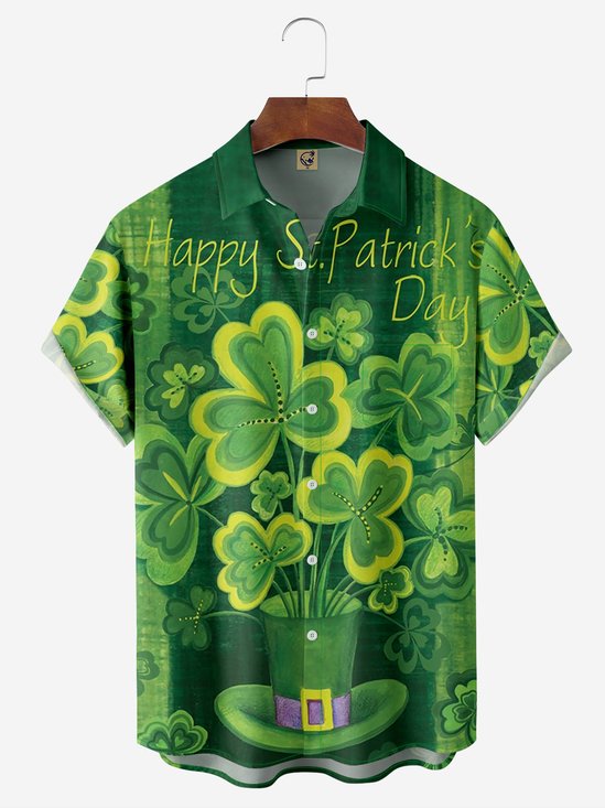 NS. Patricks Day Kleeblatt Brusttasche Kurzarm Hawaiische Bluse