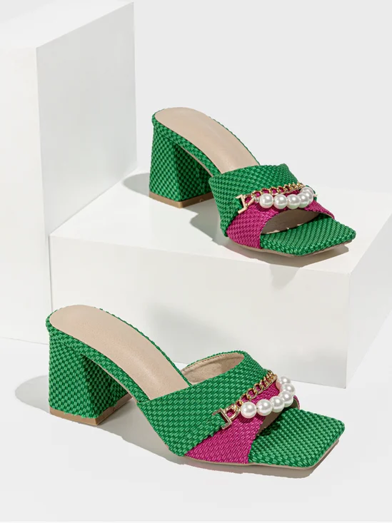 Elegant Perlenkette Dekor Farbblock Blockabsatz Maultier Pantolette