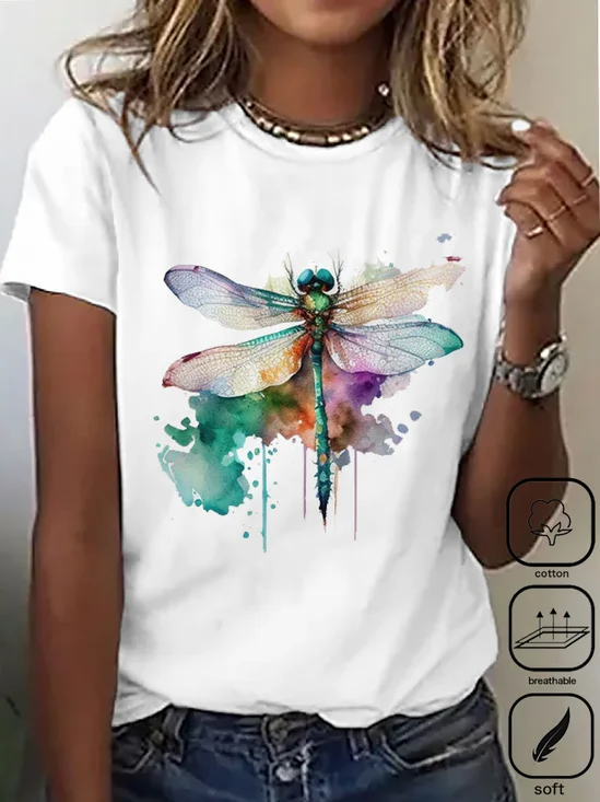 Lässig Rundhals Baumwolle Libelle T-Shirt