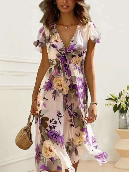 Rüschenärmel Elegant Geblümt Regelmäßige Passform Kleid