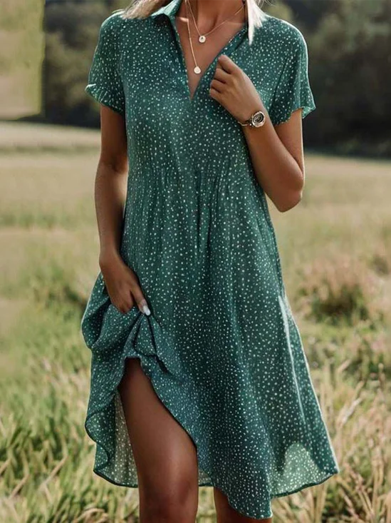 Damen Kurzarm Sommer Polka Dots Maxikleid Hemdkragen V-Ausschnitt Ausgehen Lässig A-Linien Midikleid Grün blau Rot