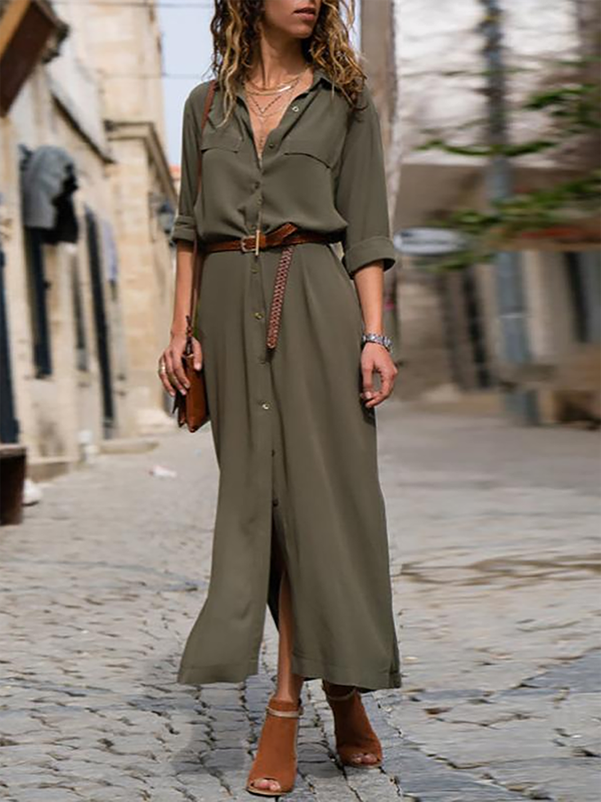 Damen Modetrends Shirtkleid geknöpft Arbeit Maxilänge Sommerkleid