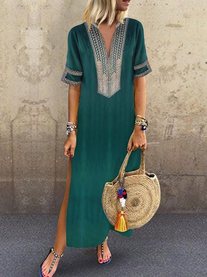 V-Ausschnitt Grün Normal Damen Täglich Individualität Halbarm Schlitz Unifarben Sommer Kleid