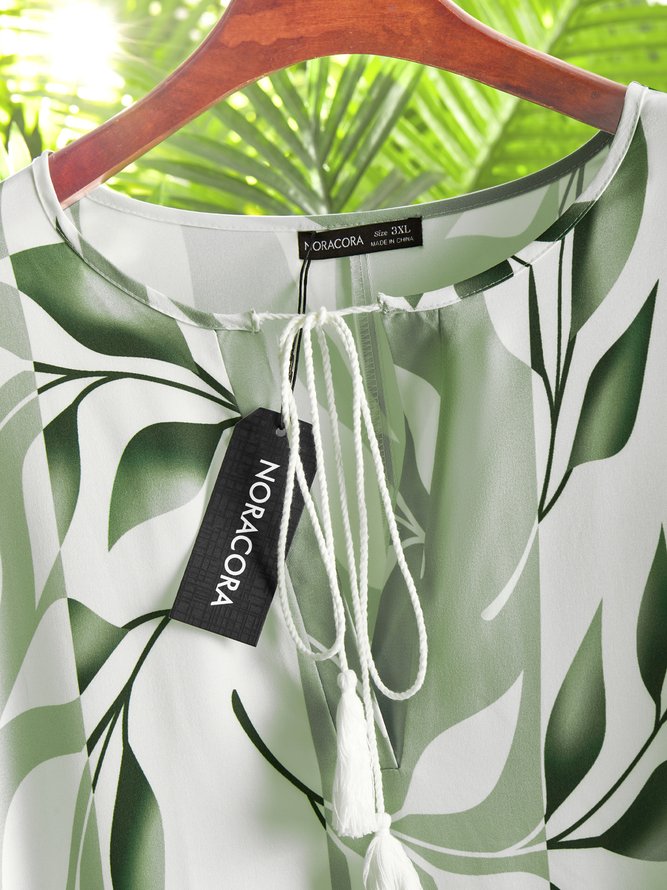 V-Ausschnitt Blätter Halbarm Große Größen Freizeitkleid