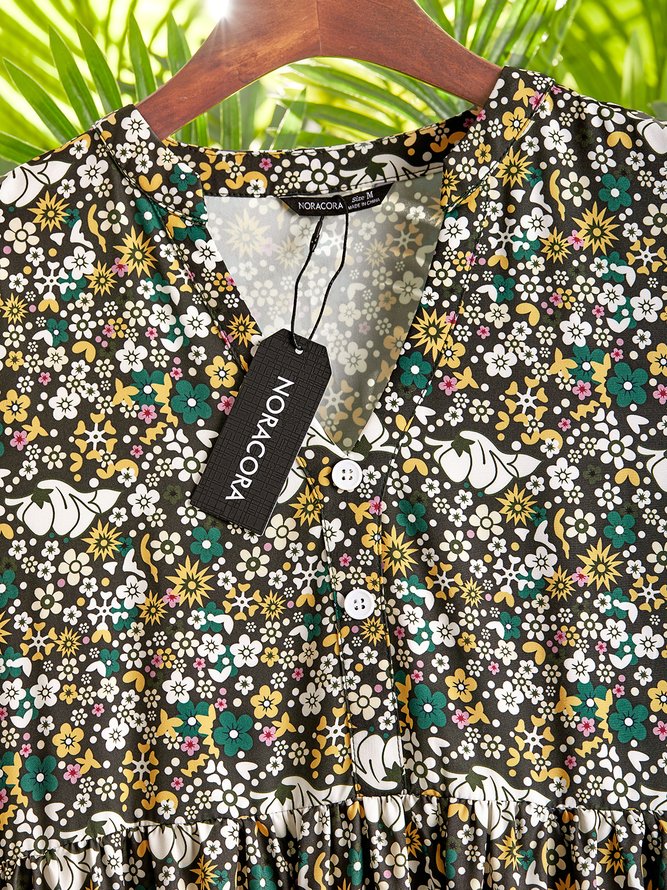 Lässig Kurzarm Gewebe Kleid Blümchen Muster