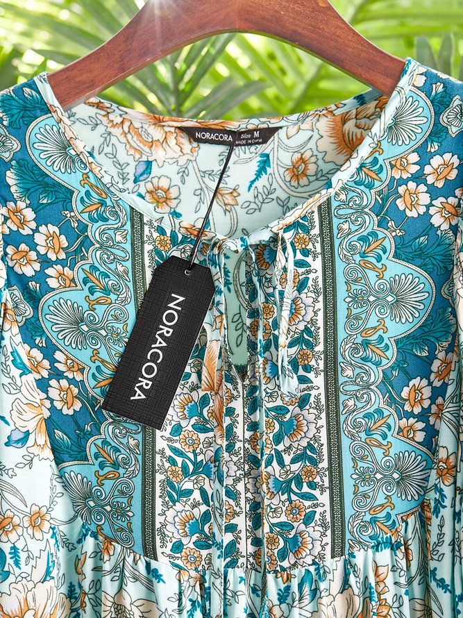 V-Ausschnitt Geblümt Urlaub 3/4 Ärmel Gewebe Kleid
