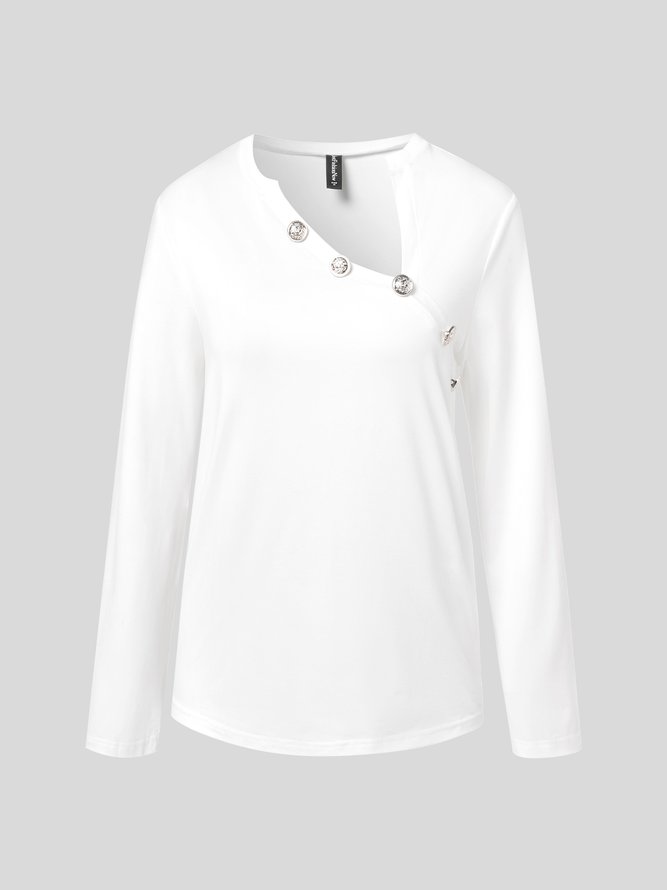 Geknöpft Unifarben Lässig Polyester Baumwolle T-Bluse