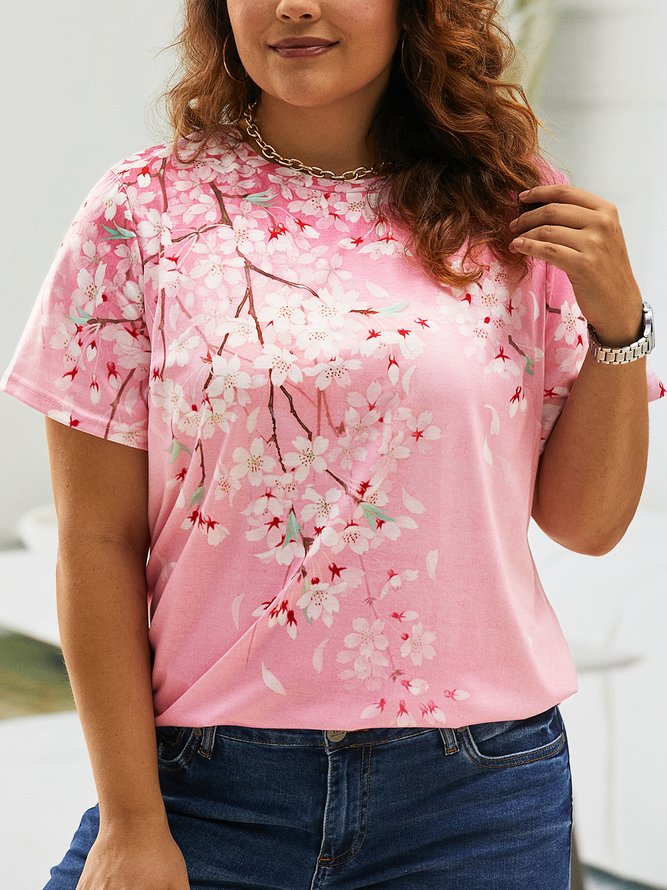 Große Größen Geblümt Rundhals Weit Lässig T-Shirt