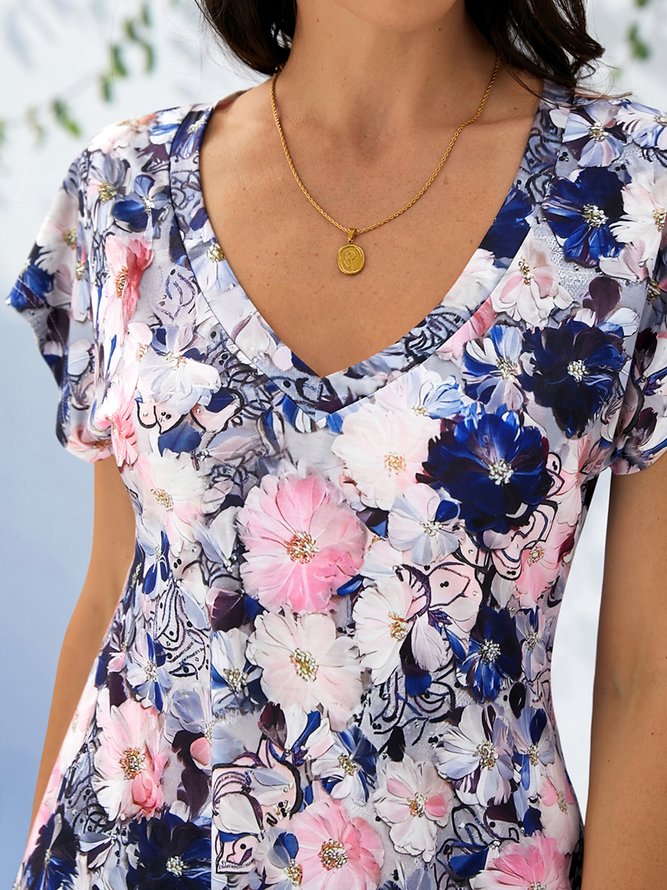 Sommer V-Ausschnitt Lässig Geblümt T-Shirt