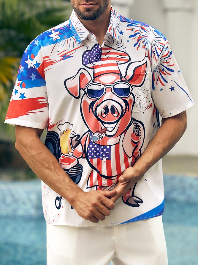 amerikanisch Flagge Herr Schwein Kocher Brusttasche Kurzarm Lässig Bluse