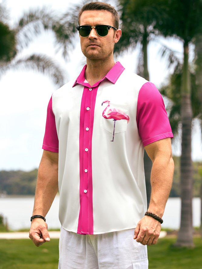 Flamingo Grafik Herren Lässig Kurzarm Hawaiische Bluse