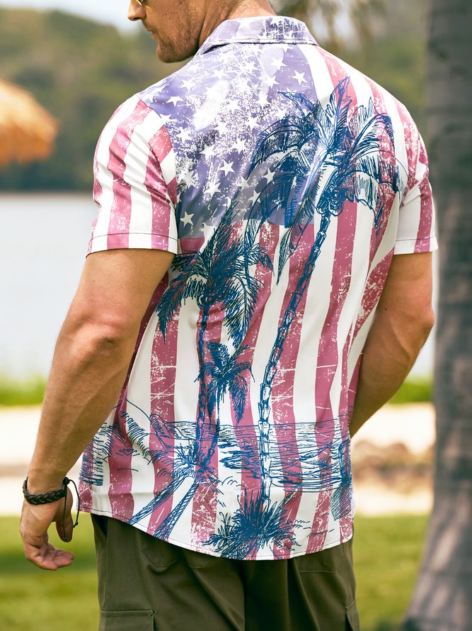 amerikanisch Flagge Kokosnussbaum Brusttasche Kurzarm Hawaiische Bluse