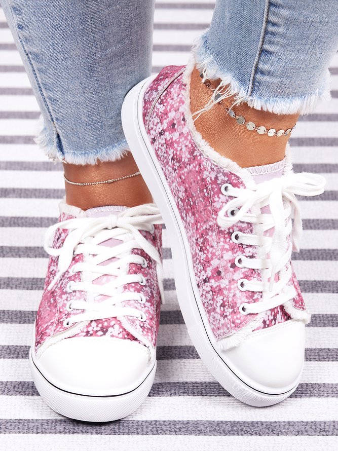 Pink Paillette Print Schnürung Segeltuch Schuhe