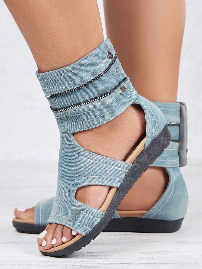 Blau Ausgehöhlt Knopf Denim Sandalen Stiefel