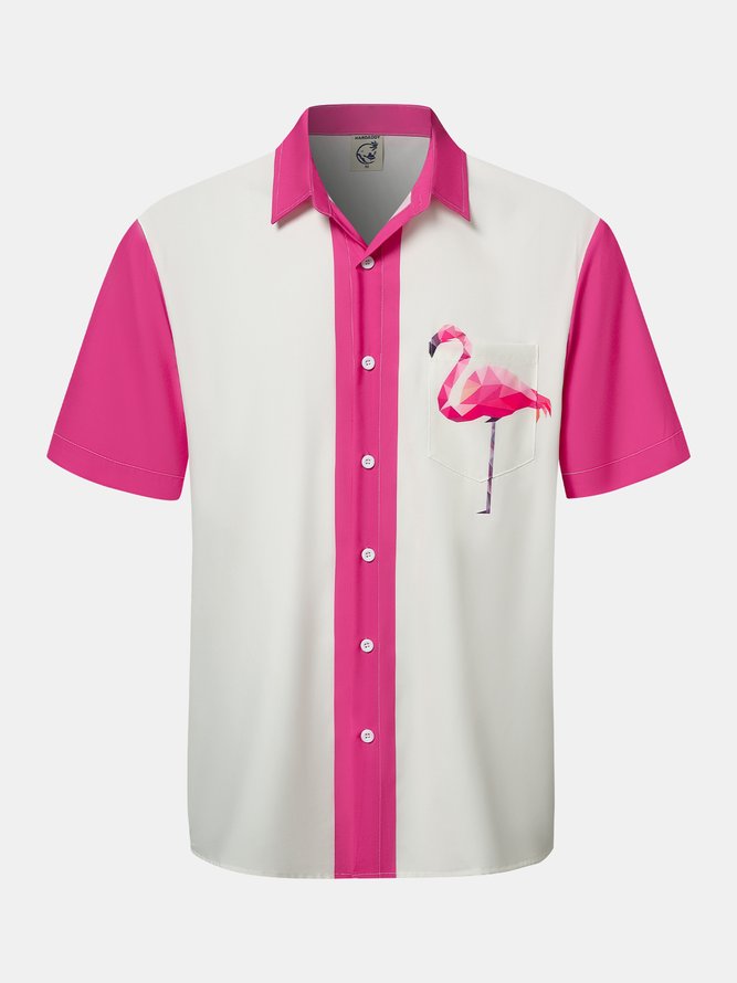 Flamingo Grafik Herren Lässig Kurzarm Hawaiische Bluse