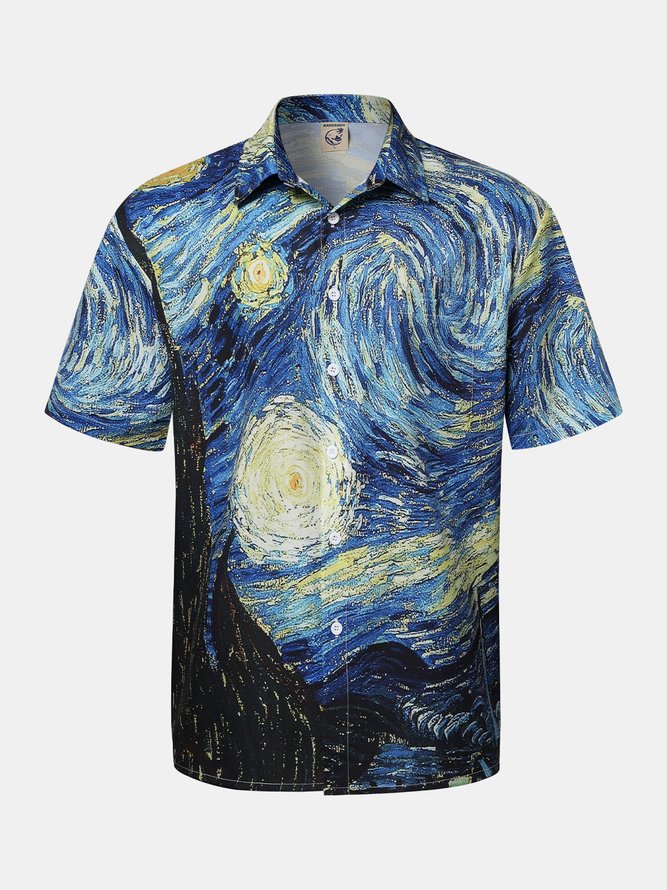 Herren Retro Van Gogh das Sternenhimmel Nacht- Revers Kurzarm Funky Hawaiihemden