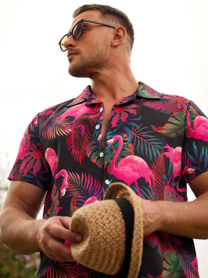 Herren Botanisch Flamingo Print Lässig Kurzarm Hawaiische Bluse