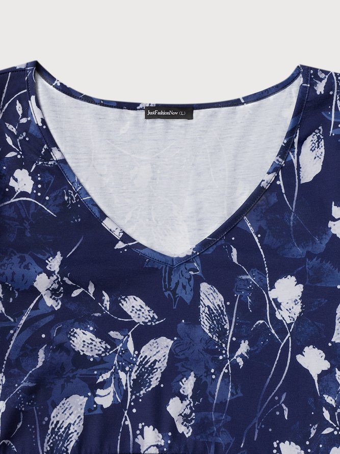 Elegant V-Ausschnitt Geblümt A-Linien-Kleid