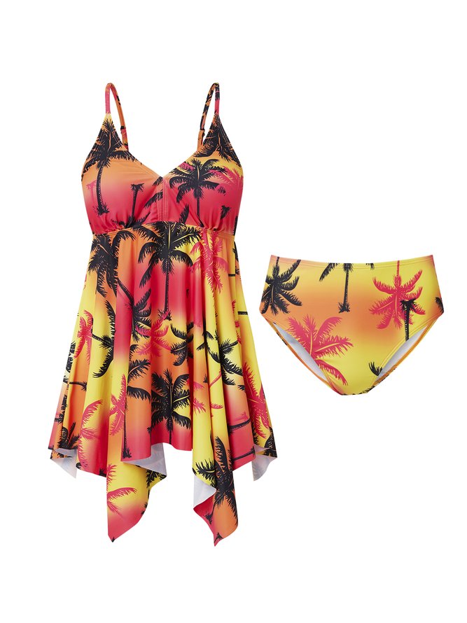 Elegant Geblümt Print V-Ausschnitt Badeanzug Zweiteiliges Set