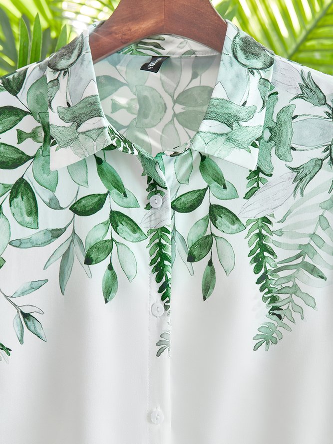 Lässig Blätter Langarm Hemdkragen Große Größen Print Bluse