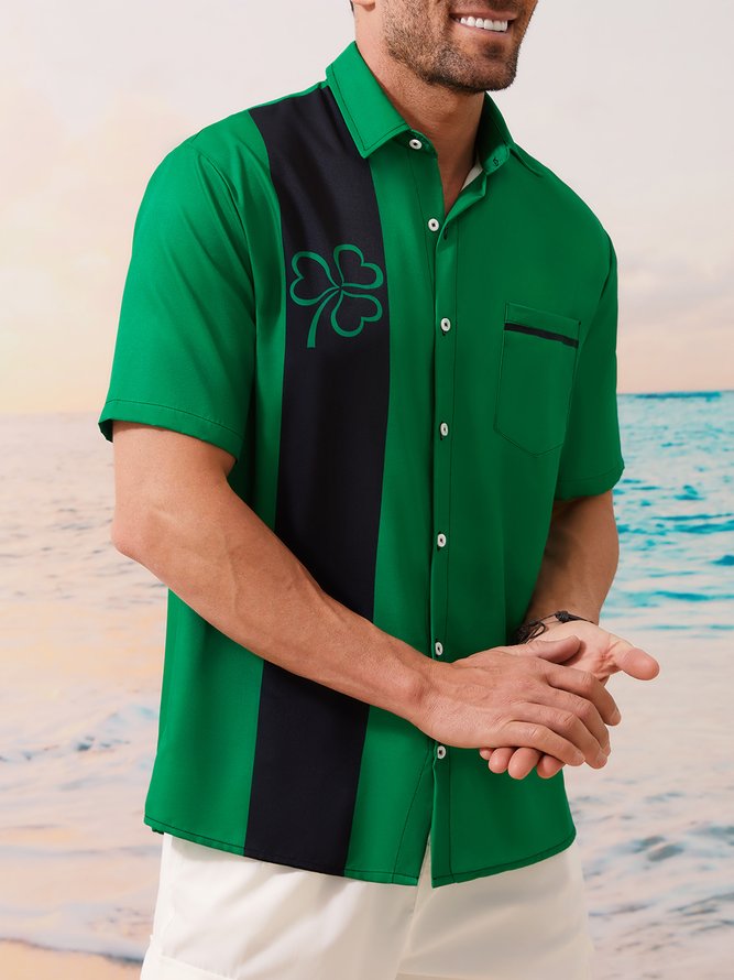 NS. Patricks Day Kleeblatt Brusttasche Kurzarm Bowling Bluse