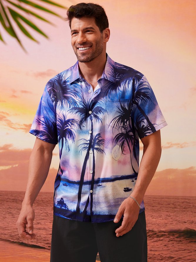 Herren Kokosnuss Baum Sonnenuntergang Print Lässig Atmungsaktiv Brusttasche Kurzarm Hawaiihemden