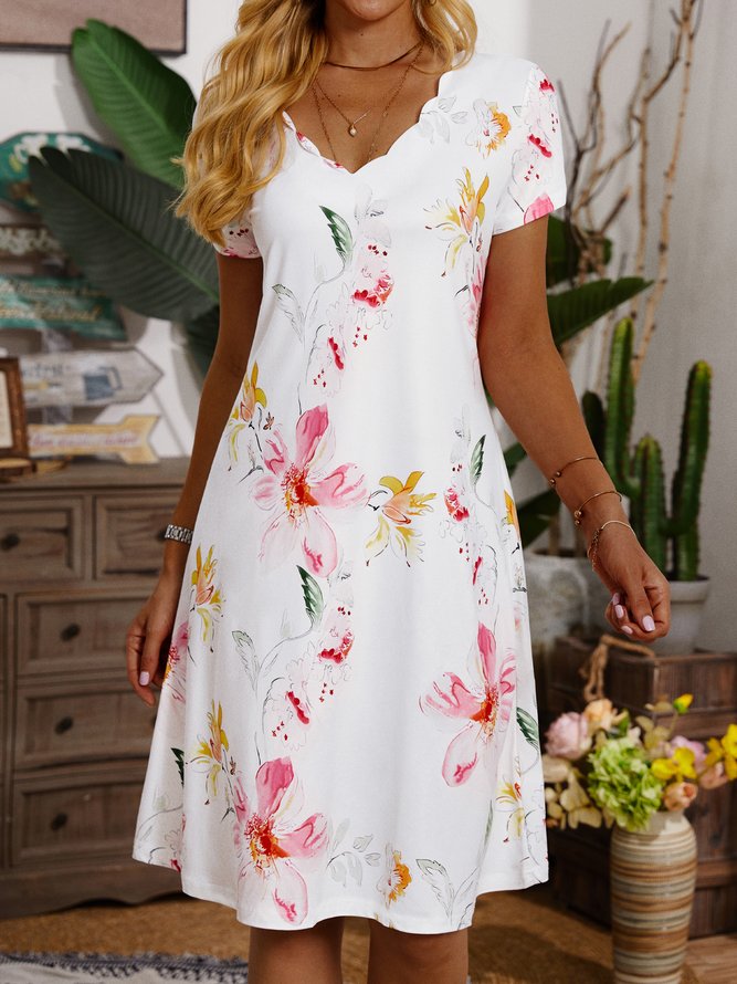 Lässig Geblümt Kurzarm Stricken Kleid
