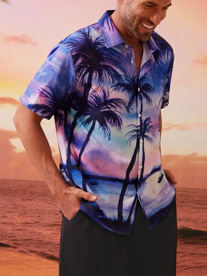 Herren Kokosnuss Baum Sonnenuntergang Print Lässig Atmungsaktiv Brusttasche Kurzarm Hawaiihemden
