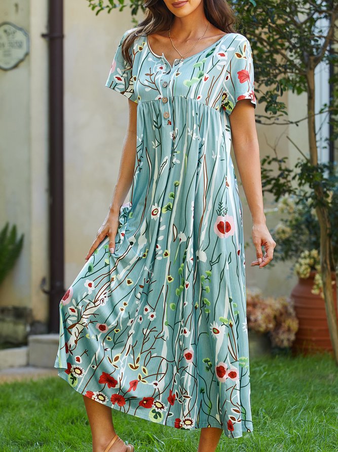 Farbverlauf Blume Weit Urlaub Hälfte Öffnen Knopf Tasche a Saum Lang Kleid